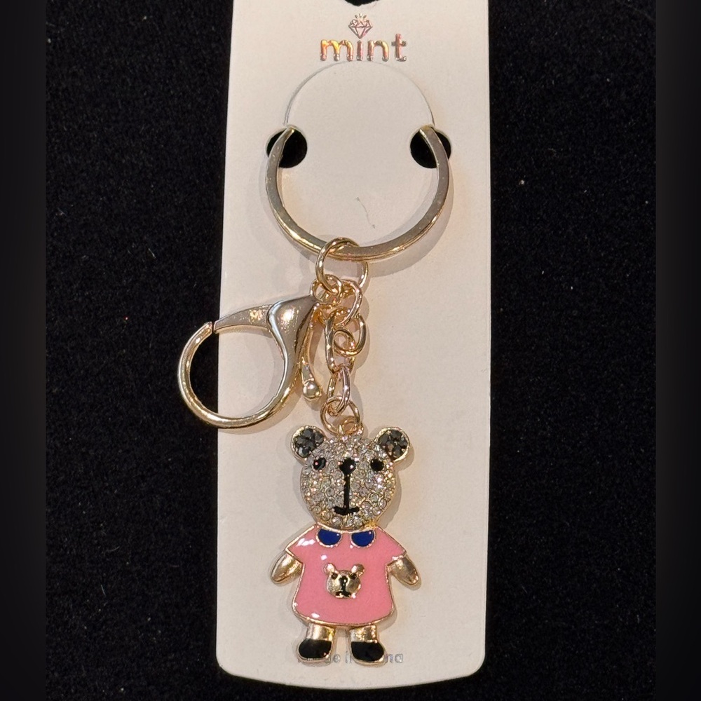 BAG CHARM Mint Pink Enamel Clear Crystal Bear Keychain Purse Charm 4 inch
